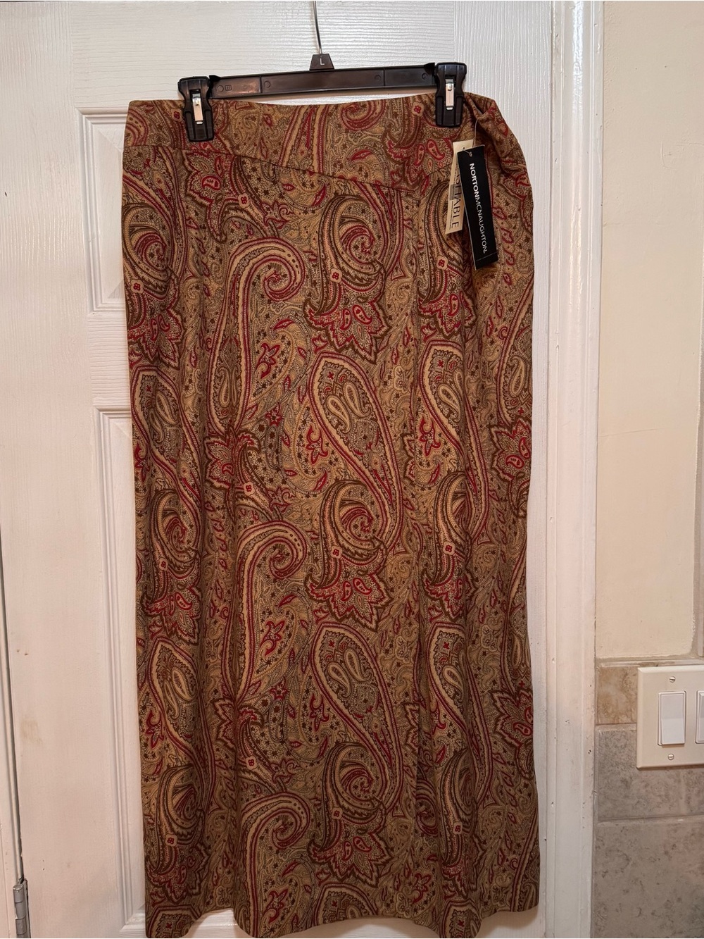 Norton McNaughton Olive Paisley Maxi Skirt with Red Accents